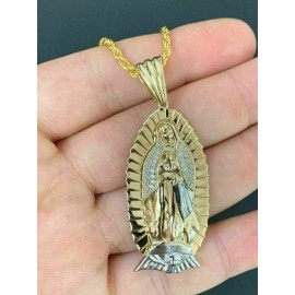 Harlembling Mens Real 14k Yellow Gold Plated 925 Sterling Silver Virgin Mary Guadalupe Chain - 30" Rope
