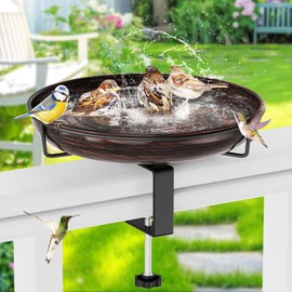 ODSNANIE Deck Mounted Metal Bird Bath for Outside, Detachable Birdbath Bowl with Adjustable Steel Clamp, Outdoor Bird Feeder for Railing Balcony Fence Yard Art Garden Decor (Vintage Bronze)
