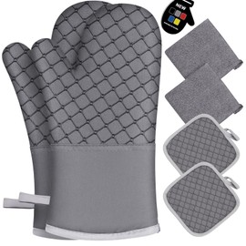 6 Pcs Oven Mitts and Pot Holders, 500℉ Heat Resistant Oven Mitts with Kitchen Towels Soft Cotton Lining and Non-Slip Silicone Surface Safe for Baking, Cooking, BBQ (Grey)