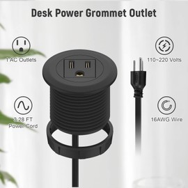 2 inch Desk Power Grommet, Flush-Mount Desk Outlet Build-in 1 US Standard Outlet, Mini Desktop Power Hub Grommet Socket for Desk Nightstand Cabinet Counter, 3.28 FT Heavy Duty Power Cord
