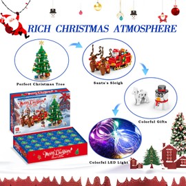 Advent Calendar 2025 Christmas Tree Building Set with Santa's Sleigh: 24 Days Countdown Building with LED Light - Indoor Christmas Decorations Gifts for Kids Adults