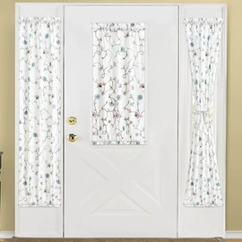 VOGOL Sidelight Curtains for Front Door, 40 Inches Long Short Linen Textured French Door Panels, Blue Flowers Embroidery Design for Entry Door, 1 Piece, Rod Pocket