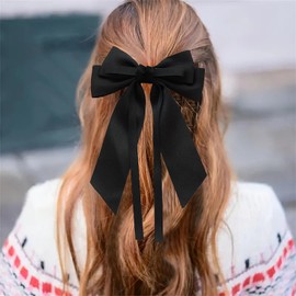 Sttiafay Hair Ribbons for Women Large Satin Bow Barrettes Silky Satin Hair Bow Clips Black Bowknot Hair Clip Long Tail Bow Hair Accessories Silky French Hair Ribbon Barrettes Headpieces