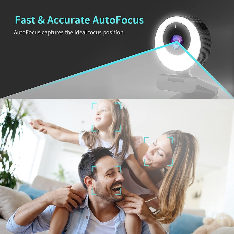 60FPS 1080P Auto-Focus HD Webcam with Ring Light and Privacy