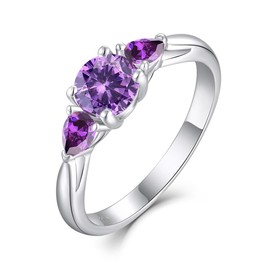 PYNZY Engagement Rings 925 Sterling Silver Promise Rings for Women, Round Cut 3-Stone Wedding Rings Created Amethyst Birthstones for Jewelry Gift-7