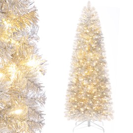Decoway Pre-lit Pencil Christmas Tree 6ft Artificial Silver Tinsel Xmas Tree with Metal Stand