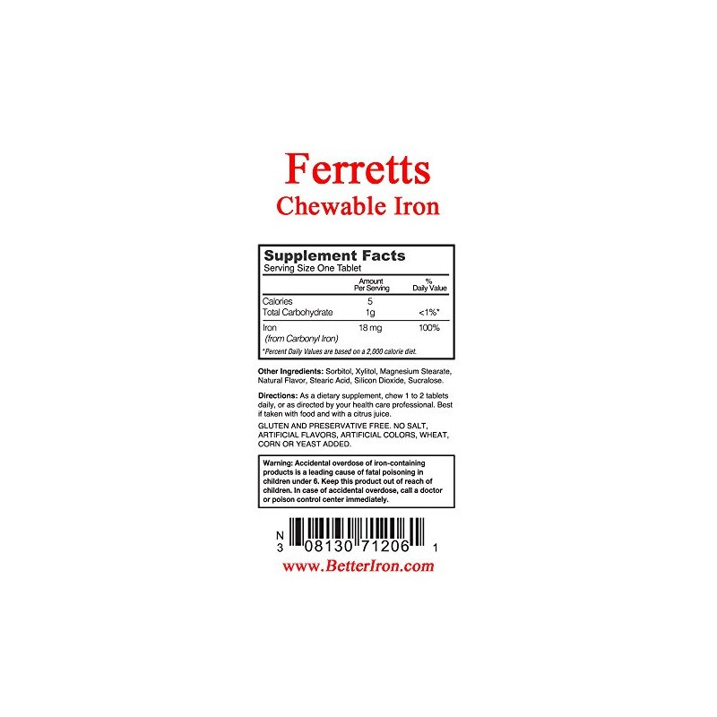 Ferretts Chewable Iron Supplement 18mg (Carbonyl Iron) - 60-Day Supply