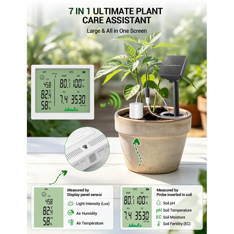 7-in-1 Wireless Soil Test Kit, Solar Powered Soil Moisture Meter