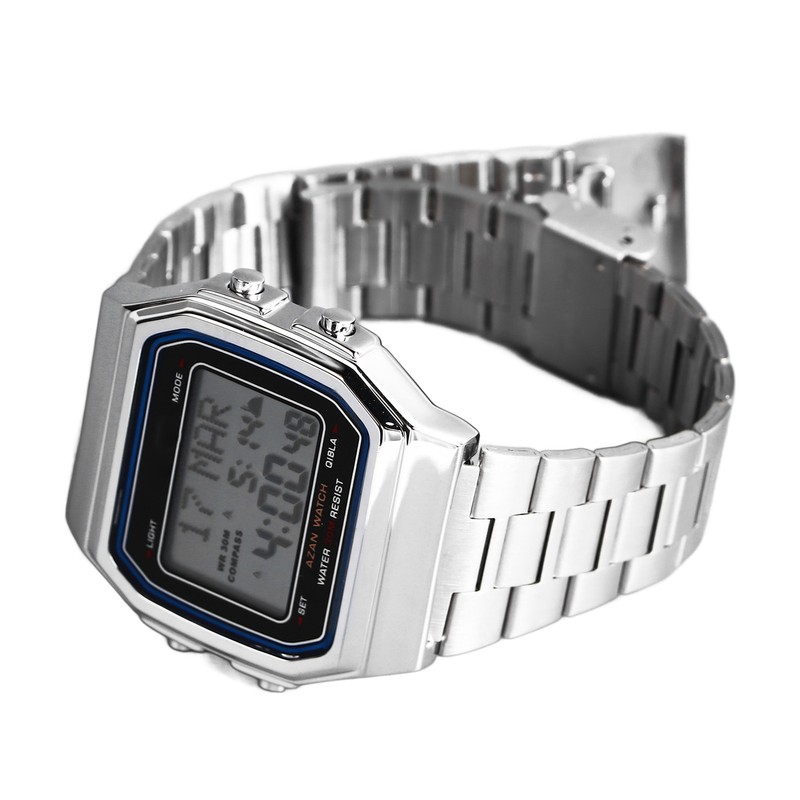 Men Muslim Digital Watch Prayer Reminder Strainless Streel Strap Waterproof