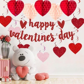 Valentines Day Party Decoration Kit Happy Valentine's Day Banner Red Pink Heart Honeycombs Heart Hanging Swirls Decor Heart Decorations Valentines Day Garland Valentine Party Supplies
