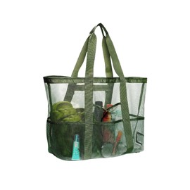 CCAIPU Large Mesh Beach Bag, Mesh Bag for Sand Toys, Foldable Handbags, Storage Bag with Pockets and Zip, for Beach, Holiday, Travel, Shopping (Green)