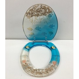 DANIELS STANDARD ROUND BLUE AQUARIUM RESIN TOILET SEAT, CHROME HINGES