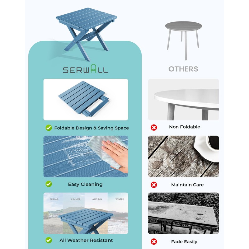 SERWALL Folding Outdoor Side Table Set of 2, Portable Adirondack