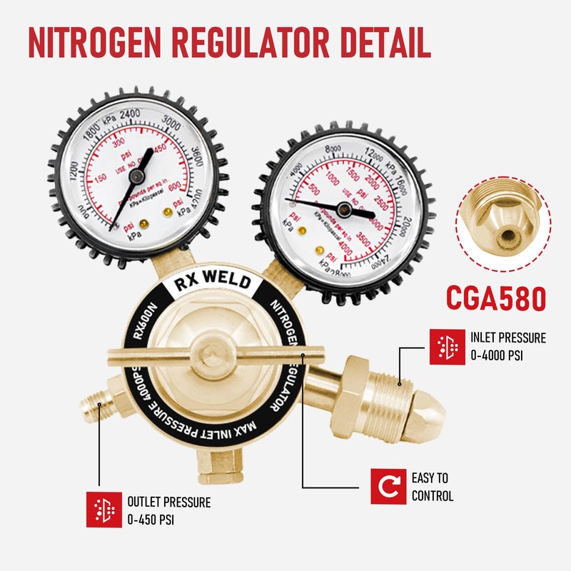 RX WELD Nitrogen Regulator with 0-600 PSI, CGA580 Inlet, 1/4-Inch
