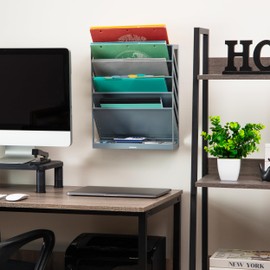 Mind Reader 5-Tier Vertical File Storage, Desktop Organizer, Wall Mount, Office, Plastic, 13" L x 4.25" W x 16" H, Gray