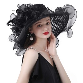 TLMNU Women Derby Church Hat Organza Flower Wedding Tea Party Fascinator Hat Wide Brim Sun Hat F1-Black Hole