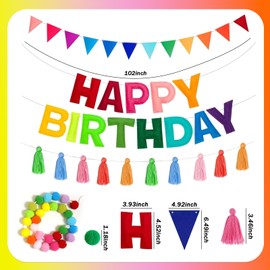 SKTMH 4Pcs Felt Happy Birthday Banner Sign Rainbow Birthday Decorations Felt Ball Garland Fabric Triangle Pennant Flags Rainbow Tassel Garland Colorful Festive Birthdays Party Supplies