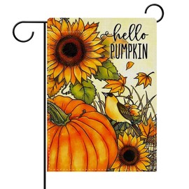 Dyrenson Fall Hello Pumpkin Sunflower Decorative Garden Flag, Autumn Flower Bird Maple Leaves Yard Outside Home Decoration, Thanksgiving Floral Burlap Outdoor Small Decor Double Sided 12 x 18