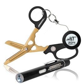 Hummingbird 4-in-1 Medical Scissors - Compact Pocket Size Trauma Shears with Badge Reels for Nurses, Students, Respiratory Therapists, Veterinarians, and Medical Professionals (Black + Penlight)