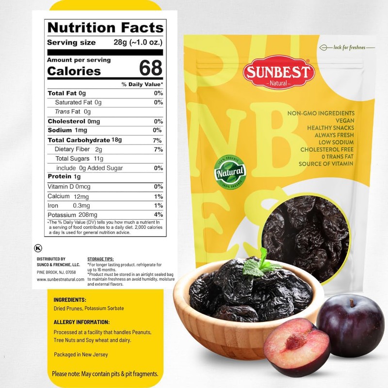 Sunbest Natural Dried Pitted Prunes, 3 lbs – Unsweetened Jumbo