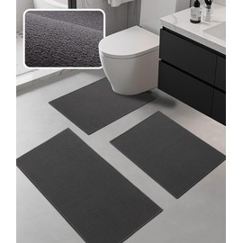YIHOUSE Bathroom Rug Sets 3 Piece, Ultra Thin Bath Mat Fit Under Door, Quick Dry Absorbent Bath Mat for Bathroom Non Slip Machine Washable Floor Mat (Dark Grey, 3 Piece)