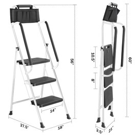 Lifetime Home 3-Step Ladder with Hand Rails Anti-Slip Platform & Rubber Feet - Lightweight Heavy Duty Foldable & Portable - 330 lbs Capacity, Steel Frame with Guardrails, Folding Step Stool - White
