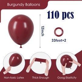 Voircoloria 110pcs Burgundy Balloons 12inch Maroon Latex Party Balloons for Graduation, Thanksgiving Day, Autumn Fall Theme Party, Wedding, Birthday, Valentines, Baby Shower Decorations