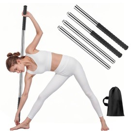Adjustable 5ft Yoga Stick, Steel Stretching Stick for Mobility, Flexibility and Balance, Versatile Exercise Stick with Rubber Handles for Office, Home or Fitness (Silver)
