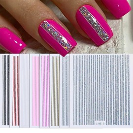 WOKOTO 8 Sheets Glitter Line Nail Stickers for Nail Art Stripes Stickers Mix Color French Nail Art Stickers Decals Glitter Stripe French Design Nail Decals Self Adhesive Nail Art Supplies for Women