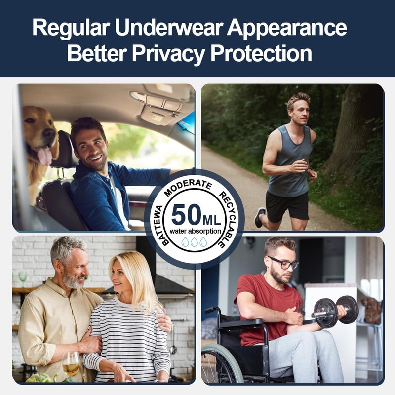 BATTEWA Incontinence for Men Washable, Leak Proof Underwear Briefs,Wide Band