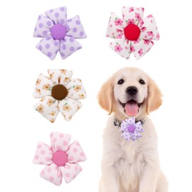 PET SHOW 4 Pack 3.15" Small Dog Collar Bows Flowers Attachment Removable Floral Cotton Embellishment for Medium Large Dogs Collars Puppies Cats Kitten Sliding Charms Pet Grooming Accessories
