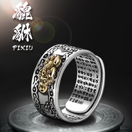 Feng Shui PiXiu Ring,LucBuy Adjustable Mantra Finger Rings for Men Women,Engraved Sutra MANI Amulet Double Protection Wealth Love Prosperity,Retro Buddha Ancient Band Jewelry Gift (2PCS-B)