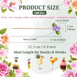 100PCS 4.9inch Mixed Color Rose Flower Cocktail Picks, Flower Toothpicks, Party Toothpicks – Assorted Bamboo Skewers for Baby Shower, Cupcakes, Weddings, Charcuterie, Party Food, Drinks, Dessert