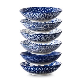 Selamica Ceramic 30oz Large Pasta Salad Bowls 8 Inch Wide and Shallow Soup Bowls, Stackable, Microwave and Oven Safe, Set Of 6, Vintage Blue