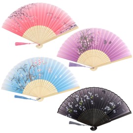 MSMXCS 4 Pack Folding Hand Fans Folding Chinese Fan Silk Fabric Bamboo Ribs Handheld Fan with Tassel Hollow Carved Handheld Folding or Wedding Christmas Party Prom Festival DIY Home Decorations