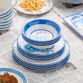 Beach House Crab 12-Piece Melamine Dinnerware Set – Vibrant Coastal Charm, Service for 4, Blue & White Nautical Design, Durable, Shatterproof, Lightweight, and Dishwasher-Safe