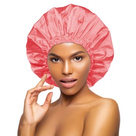 DONNA Shower & Conditioning Silky Satin Cap Waterproof Bath Caps Plastic Reusable Shower Caps Elastic Band Bath Hair Hat Stocking Stuffers for Women L-XL Coral Pink
