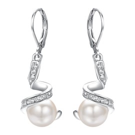 Vogem White Pearl Crystal Drop Earrings for Women Dangly Pearl Earrings 18ct White Gold Plated With Spiral Austrian Crystal Drop Earings Fashion Jewellery Gift