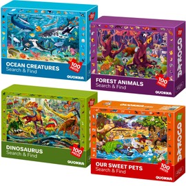 QUOKKA 100 Piece Puzzles for Kids Ages 4-6 - 4 Jigsaw Puzzles for Kids Ages 6-8 - Search and Find Game with Animals, Dinosaurs for Childrens 5-8 - Learning Educational Toys for Boys and Girls 8-10