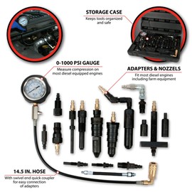 Performance Tool W89735 Diesel Compression Tester Kit for Large Cars, Trucks, Tractors, and Other Heavy-Duty Vehicles in Tough Organizer Case