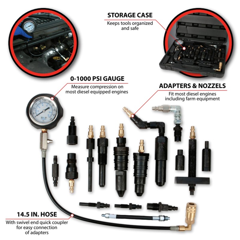 Performance Tool W89735 Diesel Compression Tester Kit for Large Cars,