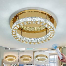 YYJLX Modern Led Ceiling Light Fixture with Remote Control Gold Crystal Flush Mount Light Fixture 16" Round Ceiling Chandelier for Hallway Bedroom Foyer Living Room Dining Room Kitchen.