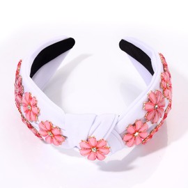 NLCAC Flower Headband for Women Girls Pink Crystal Floral Headbands Jeweled Flower Knotted Headband Spring Summer Beach Headwear Hair Accessories Gifts White