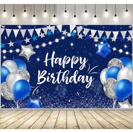 Navy Blue and Silver Happy Birthday Decoration Background Sign Poster Large Fabric Glitter Balloon Fireworks for Kids Men Women Birthday Backdrop Decoration (62.4 * 39.6) inches