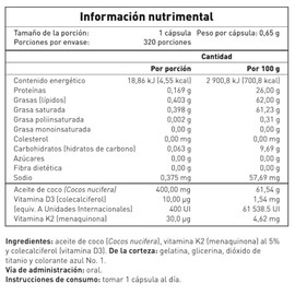 Macca Nutrition Vitamina D3 + K2 con Aceite de Coco