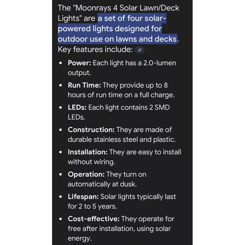Moonrays 4 Solar Lawn/Deck lights-Solar Powered-2.0-8h