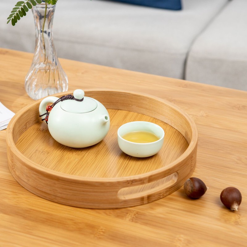 Serving Tray Bamboo Wood Color Round Tray For Water Tea