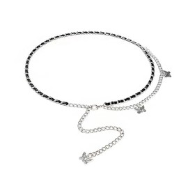 WASAIE Women's Butterfly Charm Waist Chain Belt, Vintage Silver and Black Woven Design Cowgirl Metal Belt Plus Size Long for Dress Jeans Adjustable Length