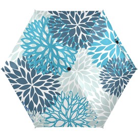 Seamless Navy BlueChrysanthemum Spring Flowers Small Mini Anti-UV Compact Travel Umbrella, 5 Folding Ultra-Light Umbrella, 6 Ribs Pocket Windproof Foldable Vinyl Parasol