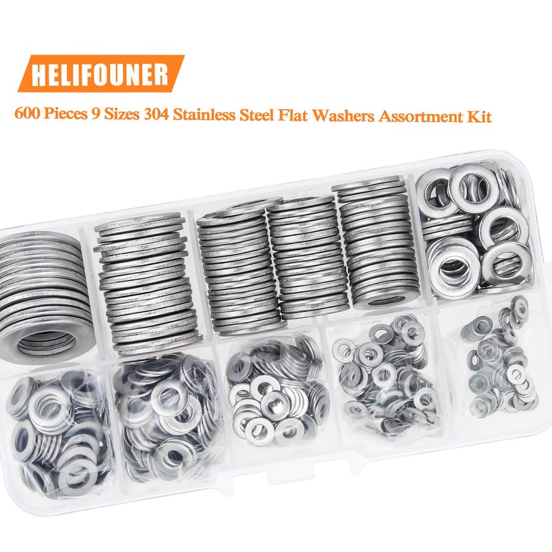 HELIFOUNER 600 Pieces 9 Sizes 304 Stainless Steel Flat Washers